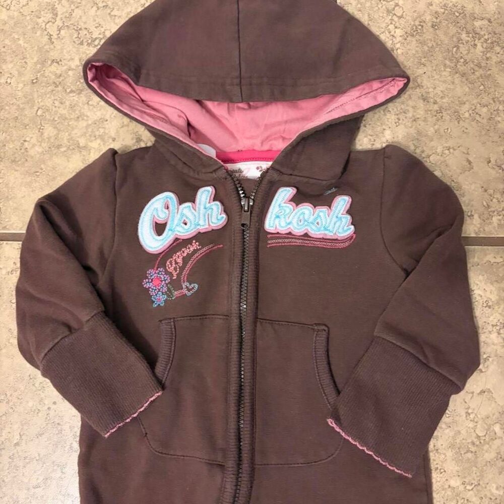 OshKosh B'gosh brown zip-up jumpsuit with pink lining and pink stitching Y2K Siz